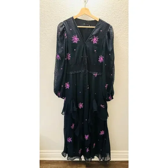 ASOS Embroidered Shirred Waist Tea Dress Charcoal Purple Midi Sz 10 Whimsigoth - Picture 6 of 10